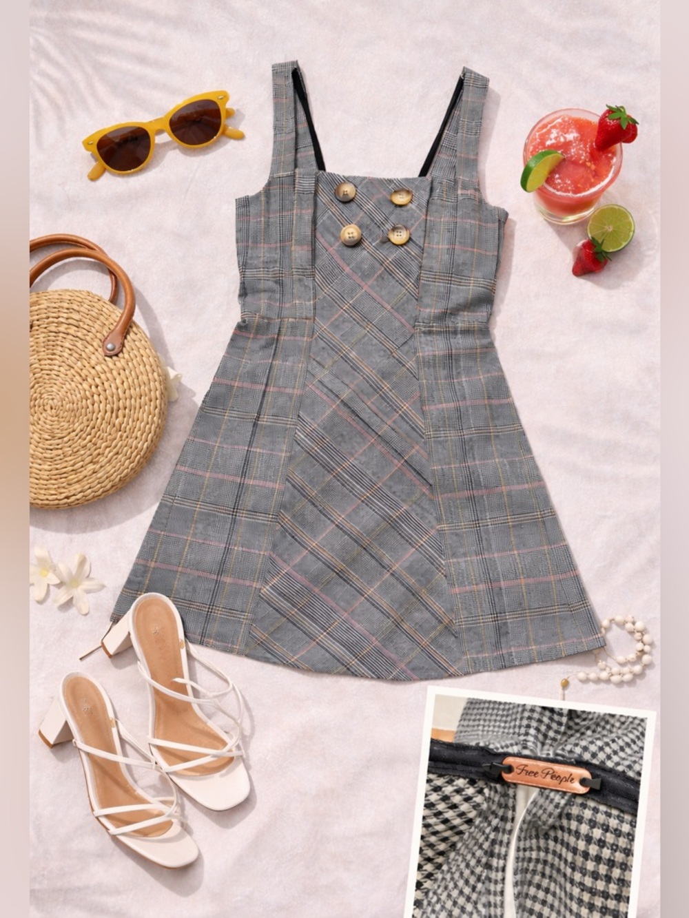 Free People Plaid Mini Dress Size 4 Double Breasted Button Front A-Line